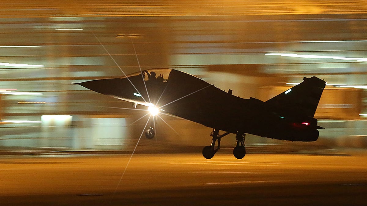 Tejas undergoing carrier compatibility tests and night trials at the shore-based test facility in Goa. 