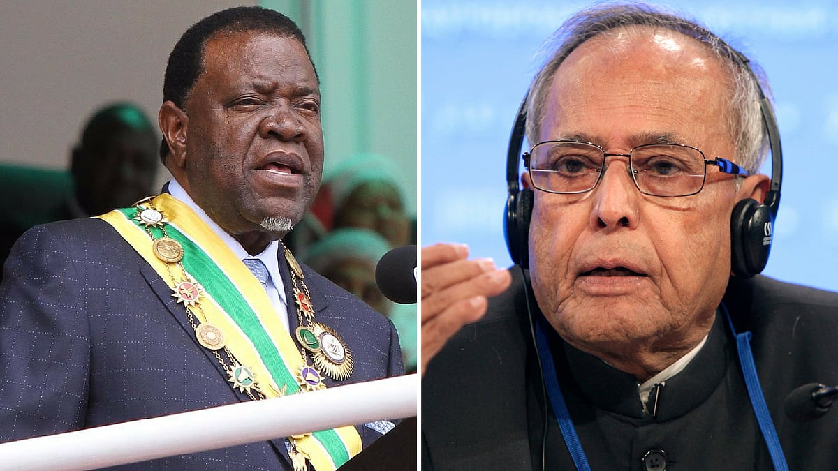  Namibian President Hage Geingob (Left)<i> </i>and Indian President Pranab Mukherjee (Right)<i>. </i>(Photo altered by <b>The Quint</b>)