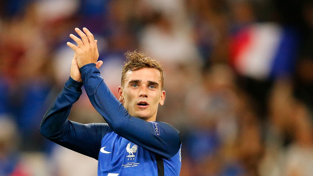 France’s Antoine Griezmann acknowledges support from the audience after his team won in a football match between Germany and France. (Photo: AP)