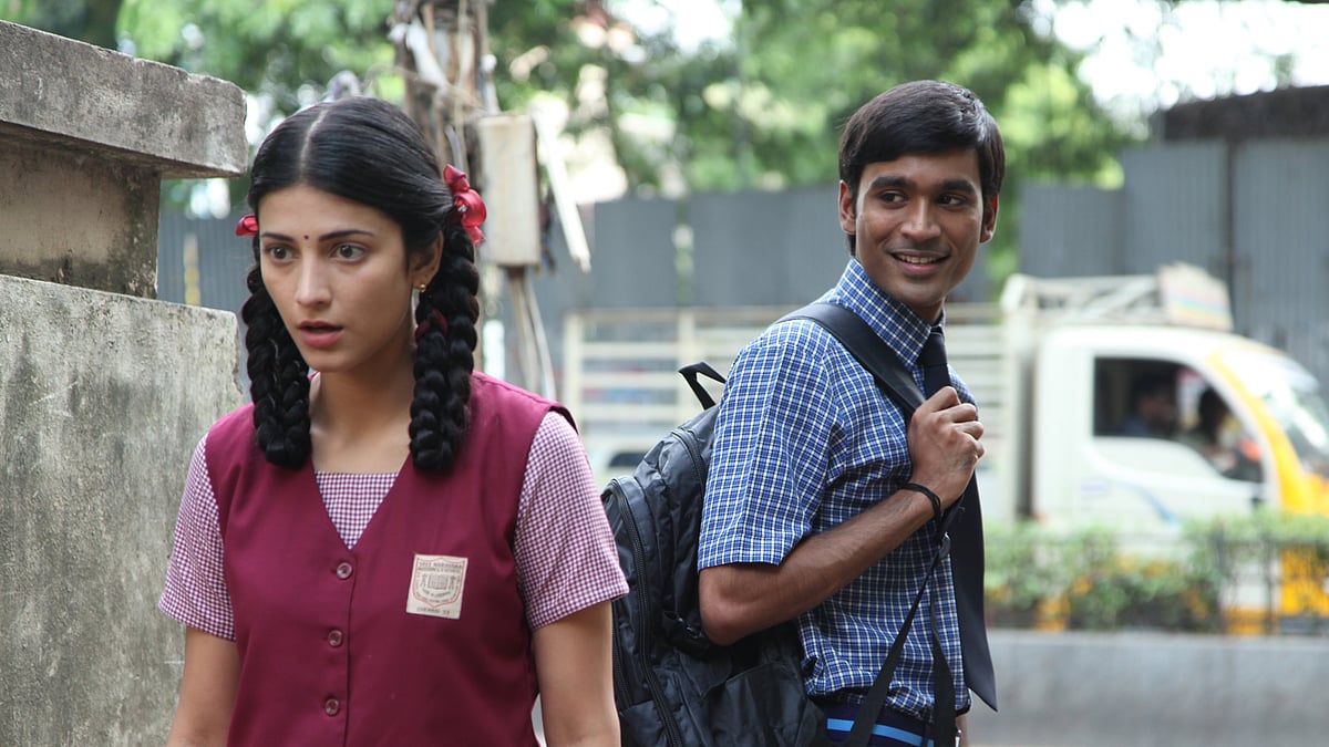 Dhanush stalking Shruti Haasan in <i>3. </i> Currently the scapegoat, along with STR and other smaller heroes, who ostensibly ‘promote’ stalking, misogyny and objectification of women on screen. (Photo: YouTube)