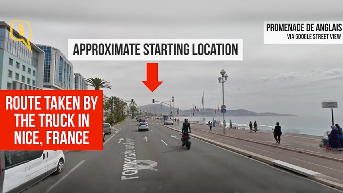 The attacker drove a heavy truck and ploughed into a crowd of people celebrating Bastille Day in Nice, France. (Photo: <b>The Quint</b>)
