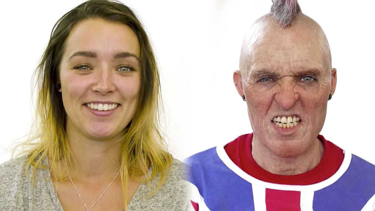26-year-old Kelsey-Leigh Walker before and after the makeup that gave her a sex and age swap look that shocks. (Photo Courtesy: ANI Screengrab modified by The Quint)