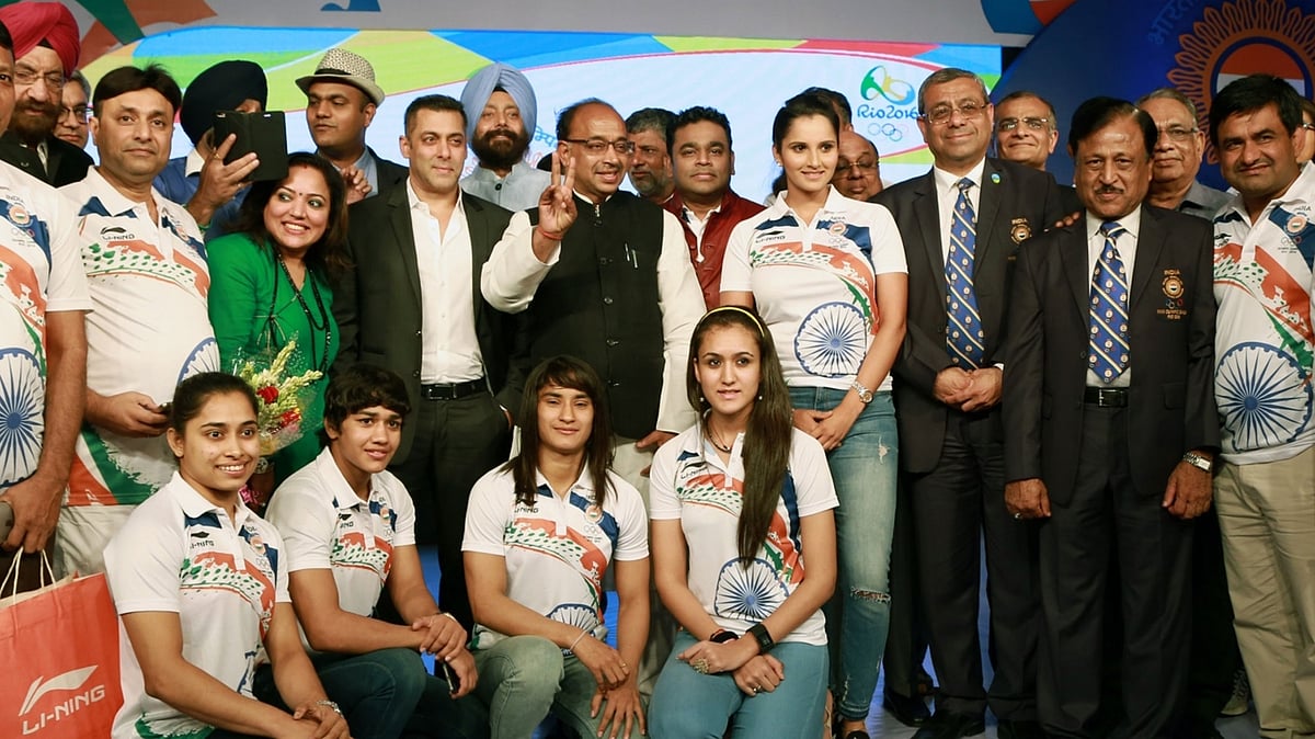 Bollywood superstar Salman Khan came out to wish best of luck to the members of Indian contingent who were set to leave for Rio, Brazil. (Photo: ANI screengrab)