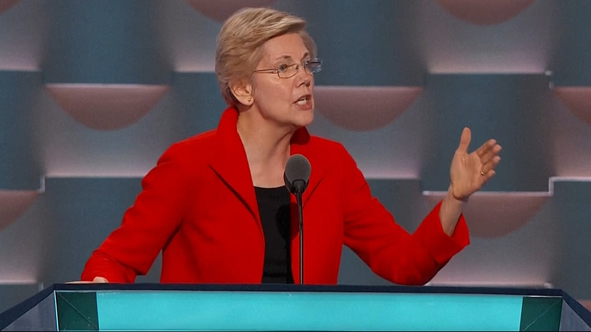 Democrat Senator Elizabeth Warren at the Democrat National Convention on Monday. (Photo: AP screengrab)