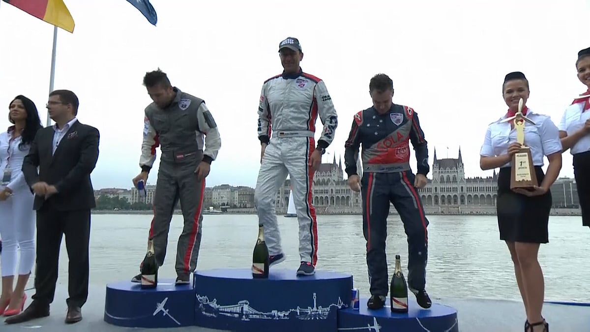 Matthias Dolderer of Germany at the podium after winning the Red Bull World Championship in Budapest, Hungary. (Photo: AP/SNTV screengrab)