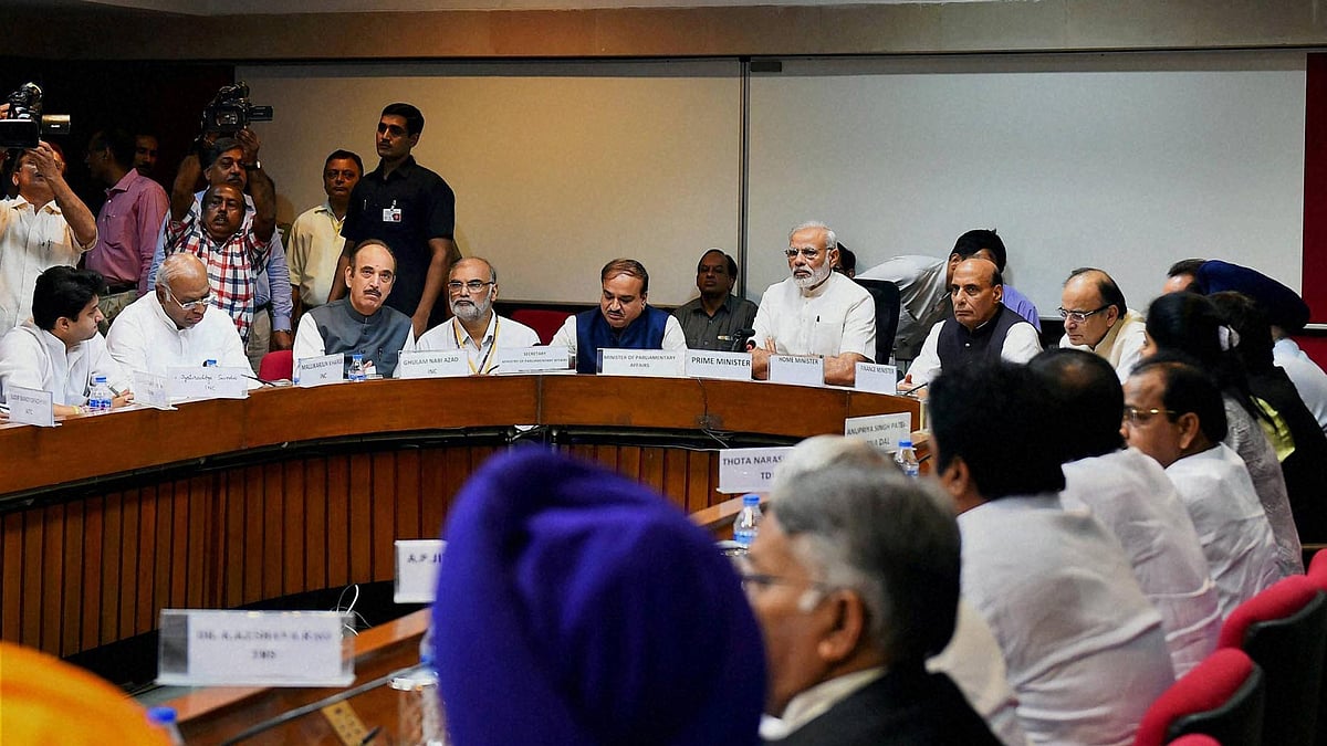Prime Minister Narendra Modi,  Parliamentary Affairs Minister Anant Kumar, Congress leader Ghulam Nabi Azad at an all-party meeting ahead of the monsoon session. (Photo: PTI)