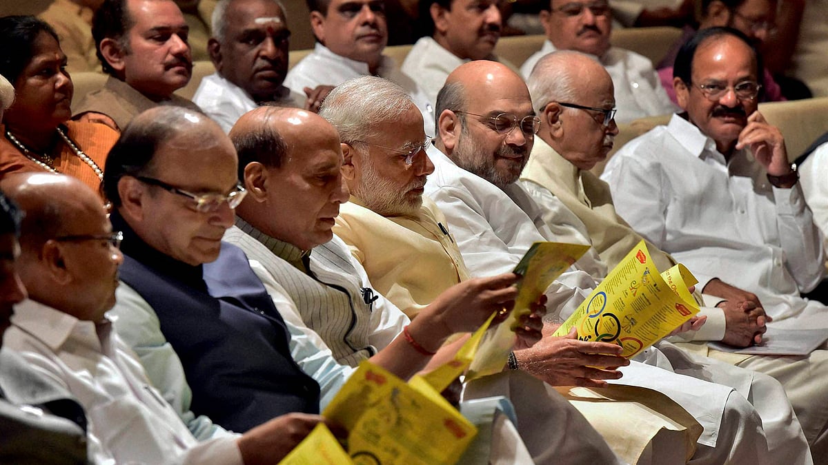  PM Narendra Modi, BJP President Amit Shah, Home Minister Rajnath Singh and others at the BJP Parliamentary Party meeting during the monsoon session. (Photo: PTI)