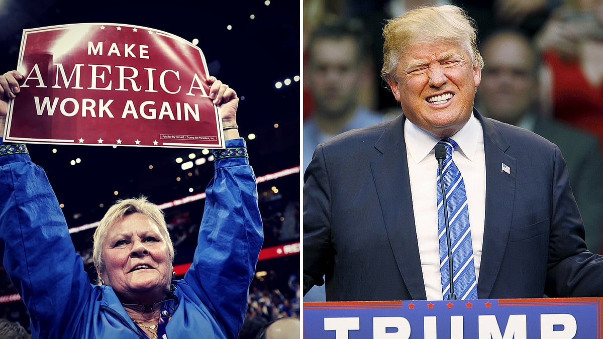 A Trump supporter holds up a banner at the Republican Convention (L), Donald Trump (R). (Photo: AP/Altered by <b>The Quint</b>)