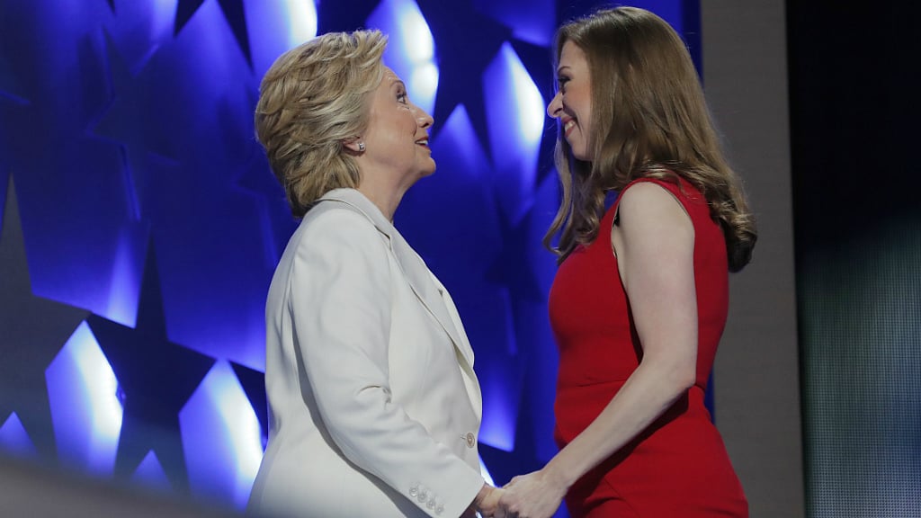 Democratic presidential nominee Hillary Clinton talks with her daughter Chelsea as she arrives to accept the nomination on the final night at the Democratic National Convention in Philadelphia. (Photo: Reuters)