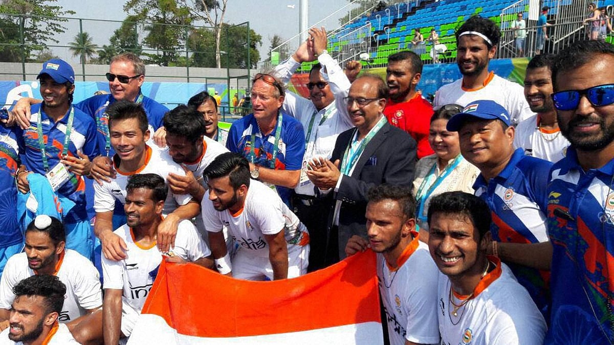 The Indian Hockey team celebrate after their victory over Argentina in a group fixture of the Rio Olympics (Photo: PTI)
