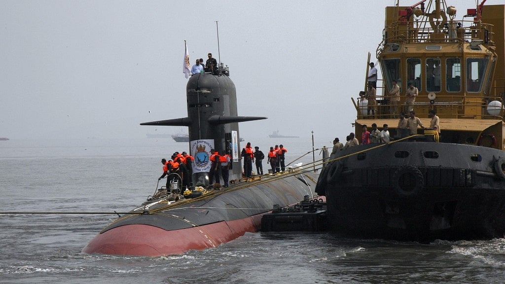 

A view of INS Kalvari, the first of six Scorpene diesel-electric attack submarines  that began its sea trials at Mazagon Dockyard Ltd   in Mumbai on  29 October, 2015. (Photo: IANS)