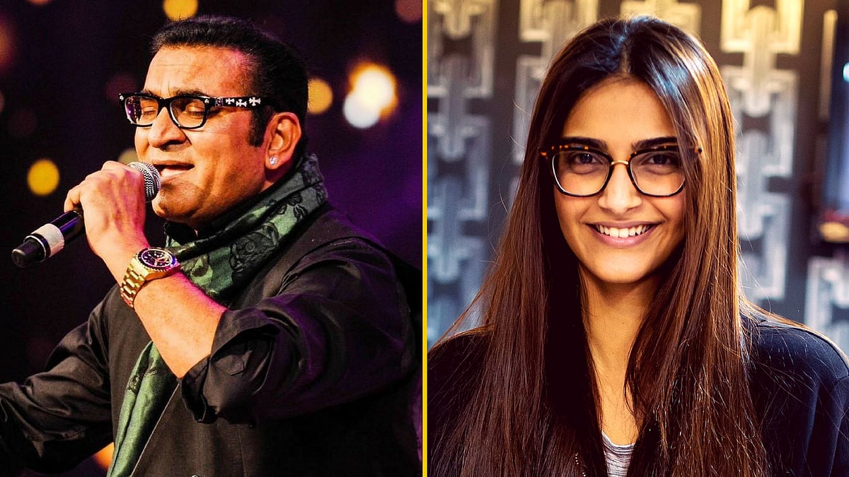 Abhijeet Bhattacharya and Sonam Kapoor. [Photo Courtesy: <a href="https://www.facebook.com/photo.php?fbid=1063787377049814&amp;set=pb.100002556847736.-2207520000.1470824494.&amp;type=3&amp;theater">Facebook/Abhijeet</a> (L); Abhishek Behani (R)]