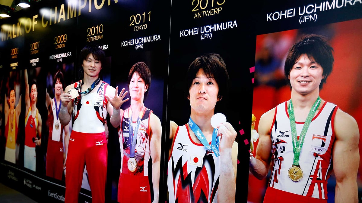 Japan’s Kohei Uchimura poses in the hall of Champions with his gold medal after winning the men’s all-around final competition at the World Artistic Gymnastics championships in Glasgow on Friday, Oct. 30, 2015. (Photo: AP)