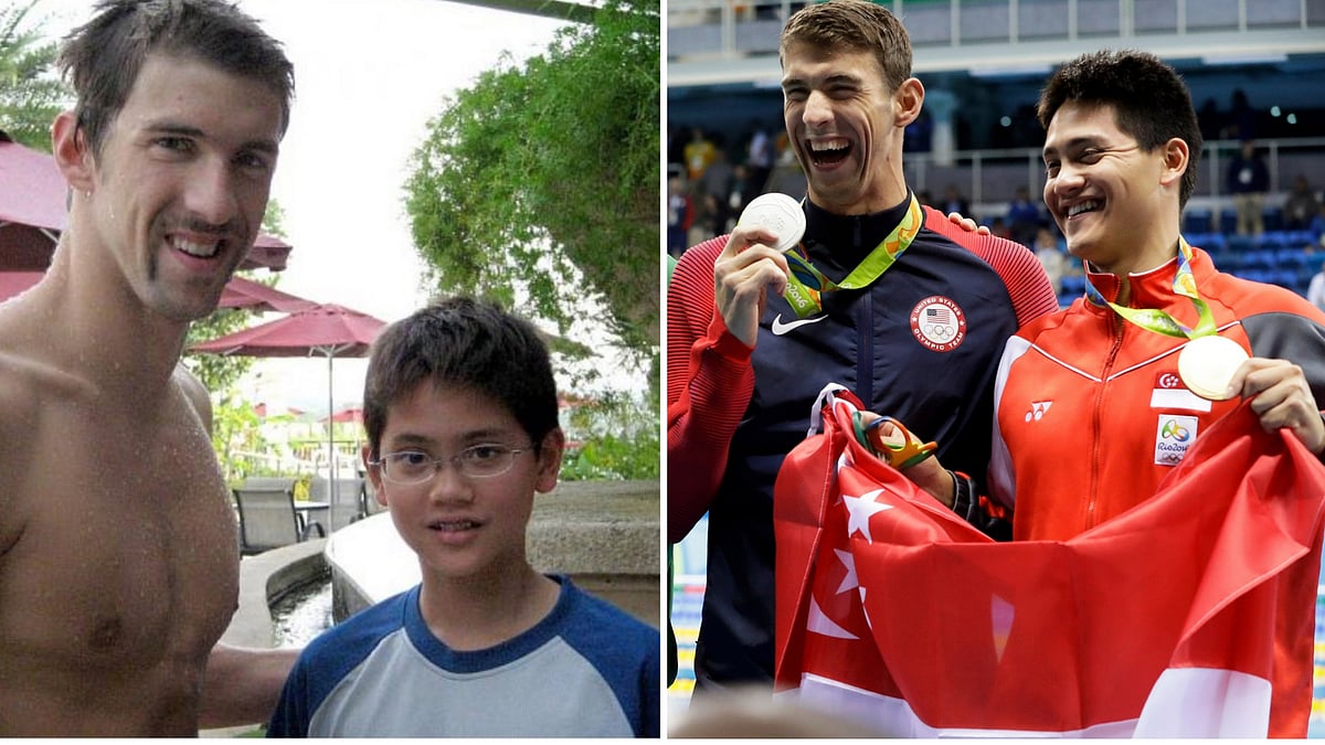  Schooling photographed with Phelps as a child, and both of them at the Olympic Medal Ceremony. (Photo: Twitter/<a href="https://twitter.com/darrenrovell/status/763934447699767296">@darrenrovell</a>&nbsp;and AP)
