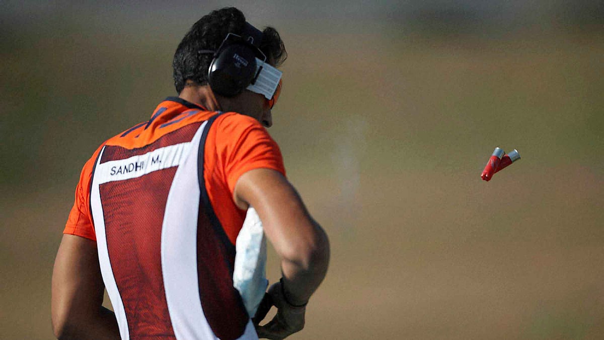 Manavjit Singh Sandhu of India during a practice round of the Men’s Trap event. (Photo: AP)