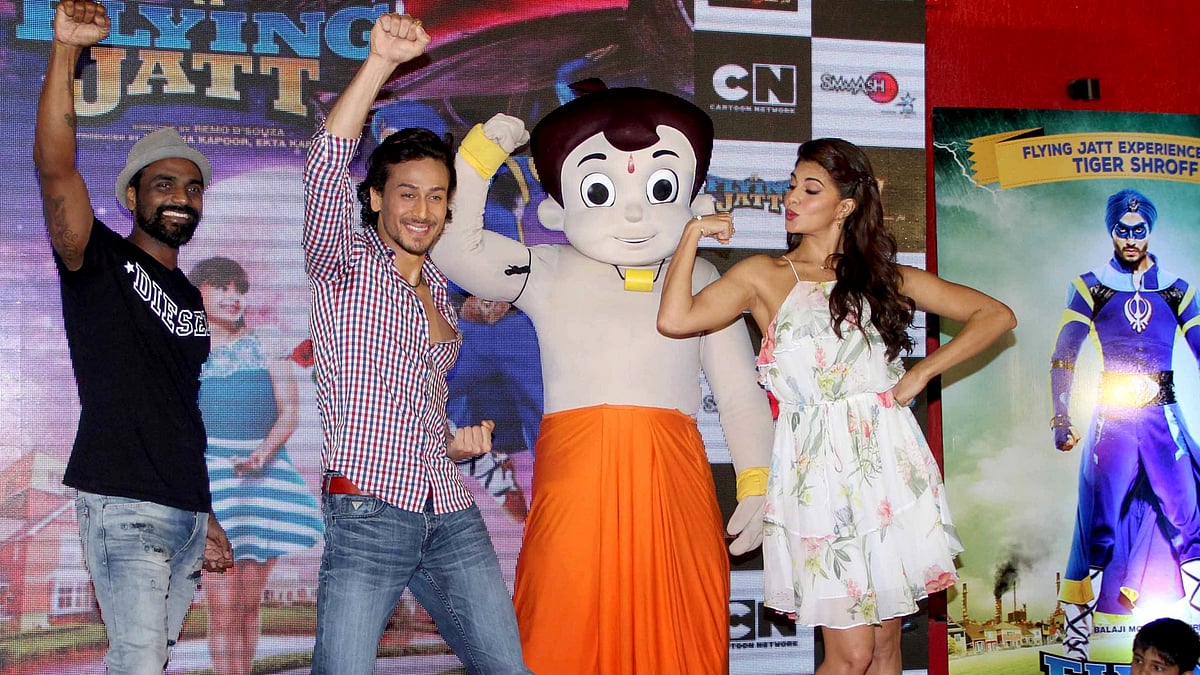 Remo D’Souza, Tiger Shroff and Jacqueline Fernandez with Chhota Bheem. (Photo: Yogen Shah)