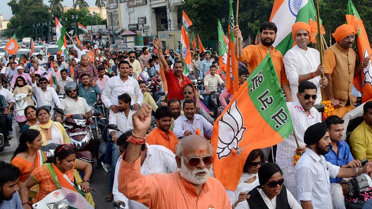 Bharatiya Janata Party (BJP) supporters taking out Tiranga Yatra in Lucknow on Tuesday. (Photo: PTI)