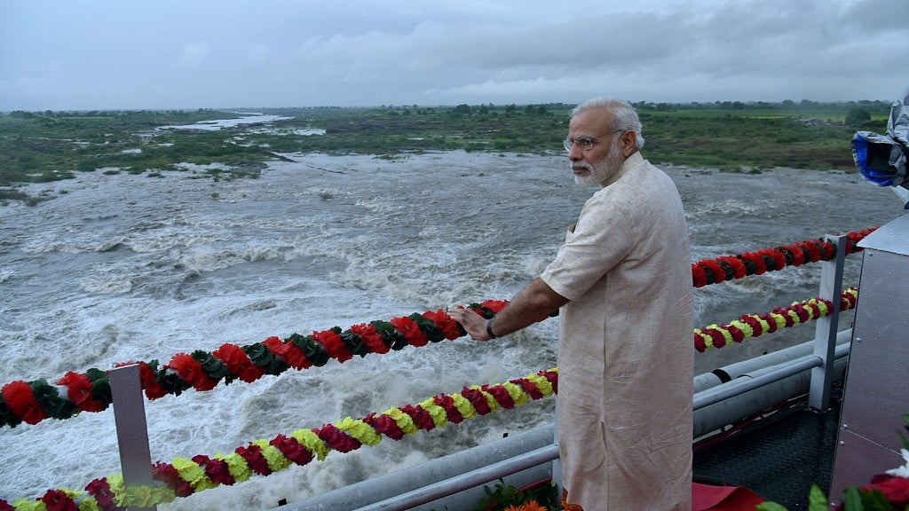 Prime Minister Narendra Modi at the AJI-3 dam site, a part of the SAUNI Yojana, in Jamnagar, Gujarat. (Photo: IANS)