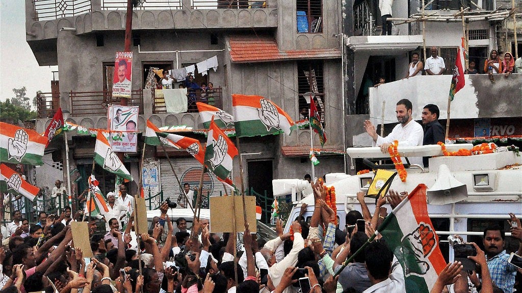 Congress Vice-President Rahul Gandhi addresses a roadshow during his Kisan Yatra. (Photo: PTI)