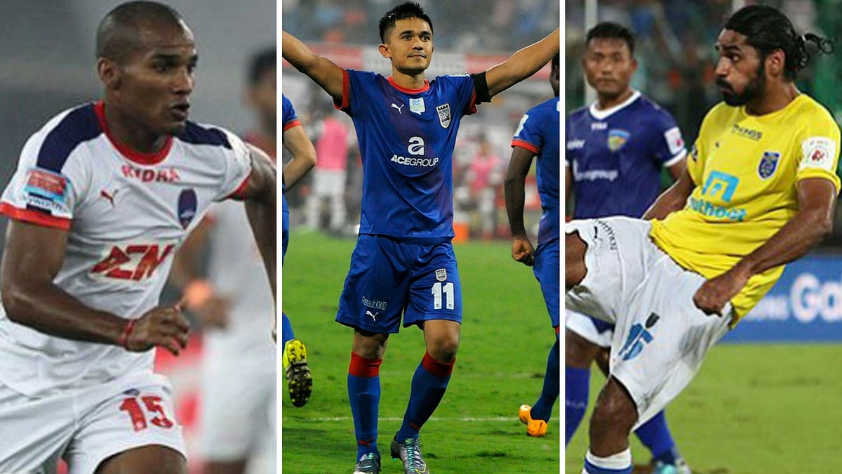 Florent Malouda (L), Sunil Chhetri (C), and Sandesh Jhingan. (Photo: <a href="https://twitter.com/IndSuperLeague?ref_src=twsrc%5Egoogle%7Ctwcamp%5Eserp%7Ctwgr%5Eauthor">Twitter/@IndSuperLeague</a>/Indian Super League)