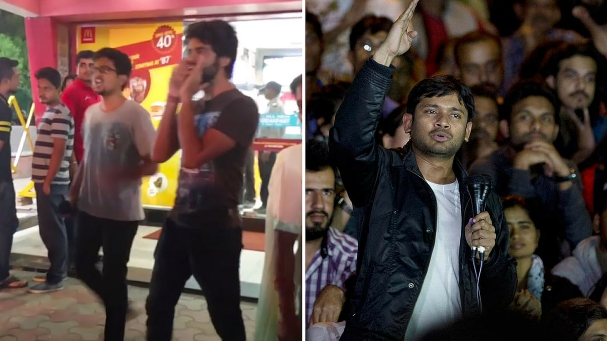 Two men heckling JNU students (L); Former JNUSU President Kanhaiya Kumar (R). (Photo: Altered by <b>The Quint</b>)