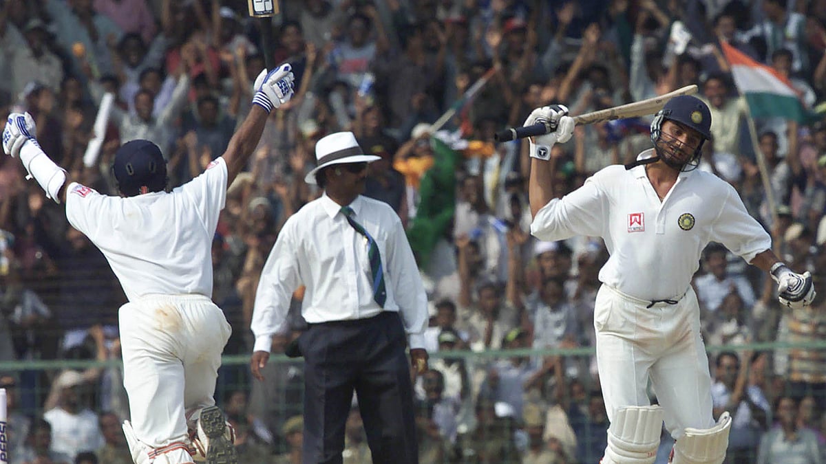 Indian players Harbhajan Singh and Sameer Dighe celebrate after scoring the winning run against Australia in the third test match at Chennai (Madras then). (Photo: Reuters)