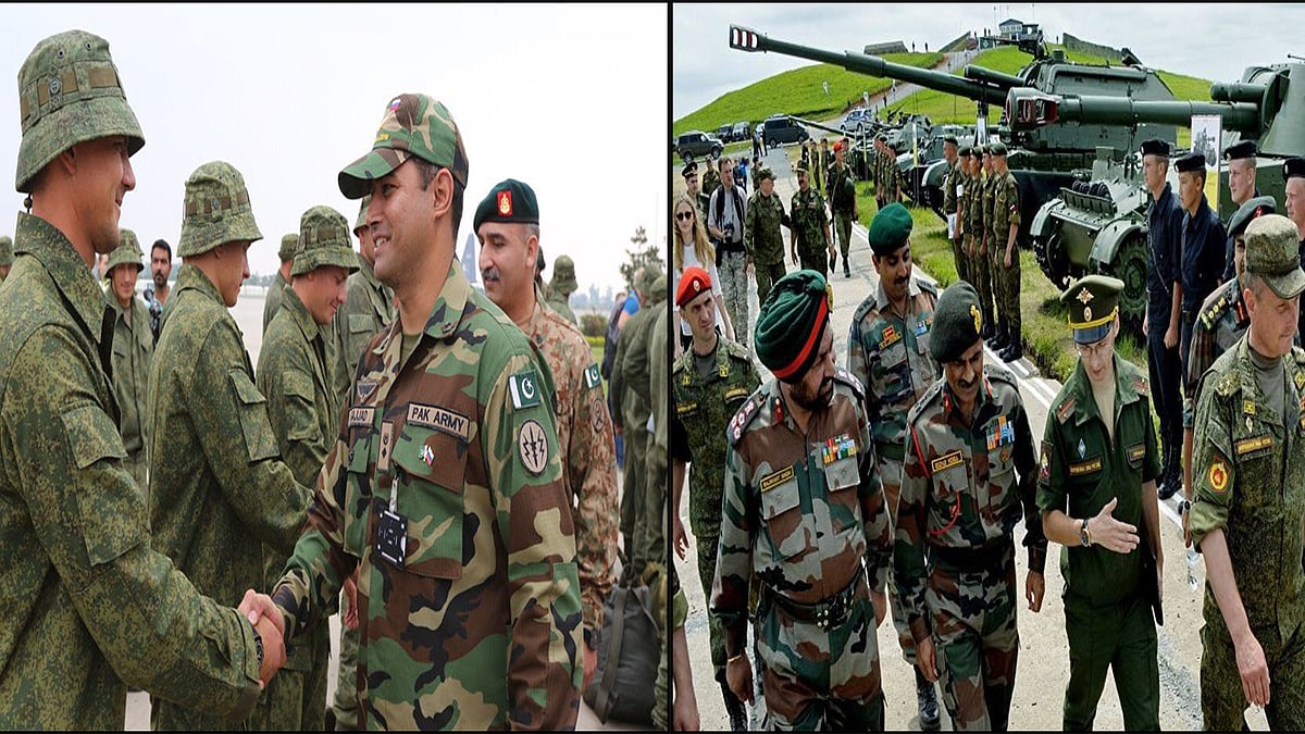 Russian troops in Pakistan (L) and Russian and Indian troops in Russia. (Photo: Altered by <b>The Quint</b>)