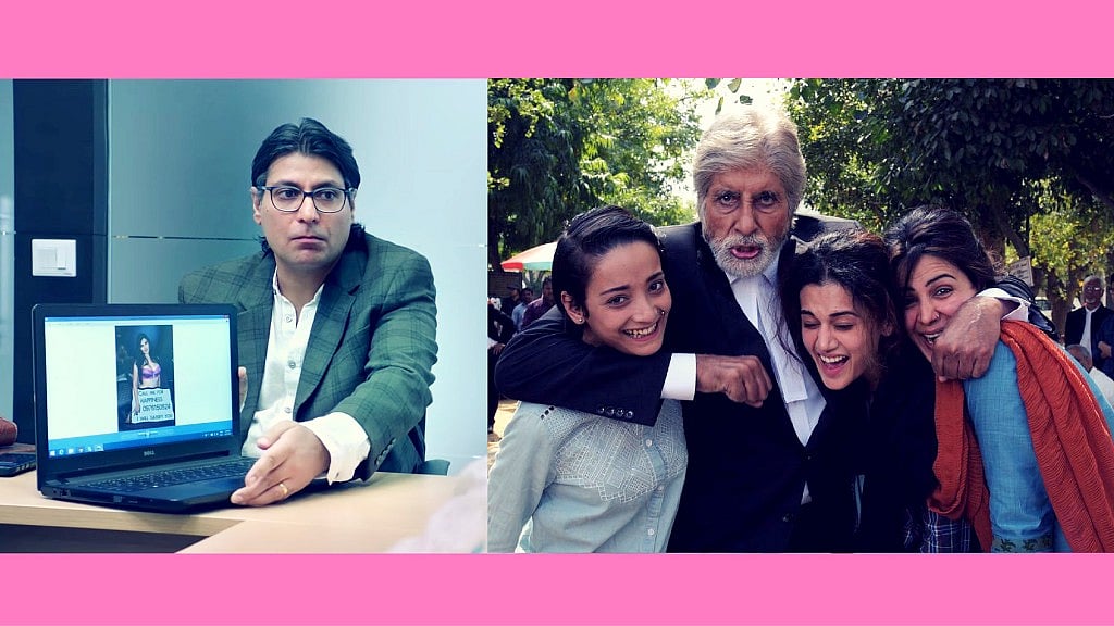 Ritesh Shah makes a cameo appearance in <i>Pink </i>(L); Amitabh Bachchan, Andrea, Taapsee and Kirti on the sets of <i>Pink. </i>(Photo courtesy: YouTube / Twitter)