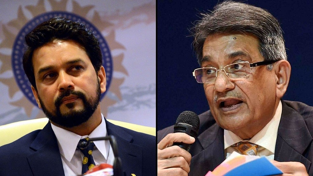 Anurag Thakur (L) and Justice RM Lodha (R). (Photo: Altered by <b>The Quint)</b>