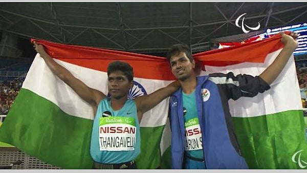 Mariyappan Thangavelu and Varun Singh Bhati celebrate after their event in Rio