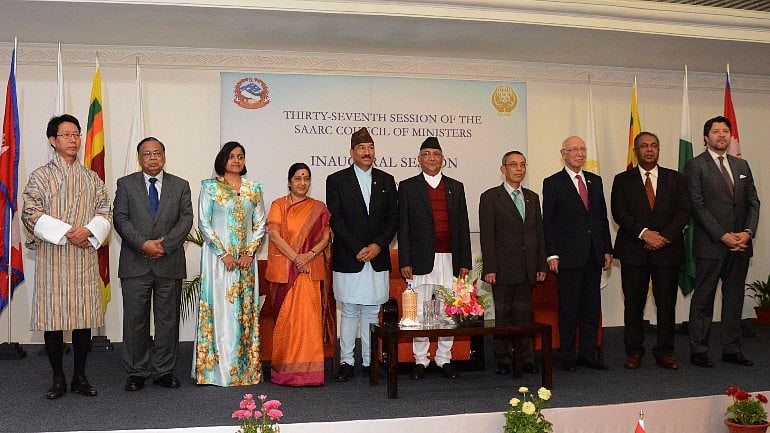Nepal PM Khadga Prasad Oli (5th R), Sushma Swaraj (4th Left)  with foreign ministers of SAARC countries at 37th session of the Council of Ministers of the SAARC in Pokhara. (Photo: IANS)