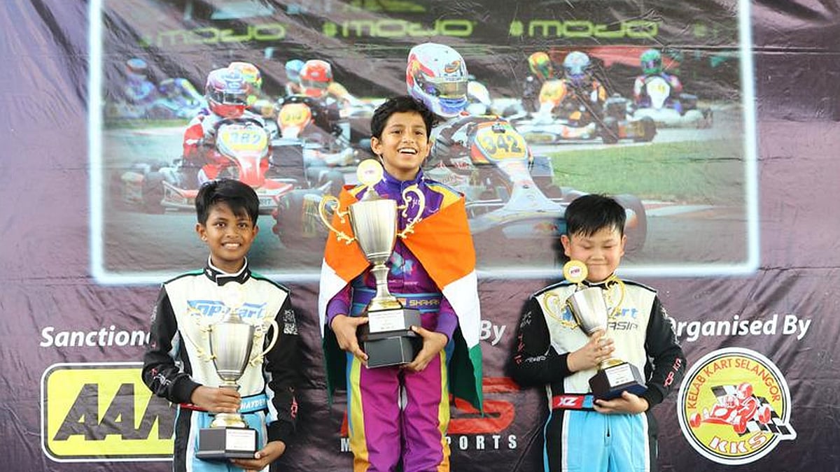 India’s Shahan Ali Mohsin celebrates after winning the Asian Karting Championship. (Photo: Twitter/<a href="https://twitter.com/sportstarweb">@Sportstar</a>)