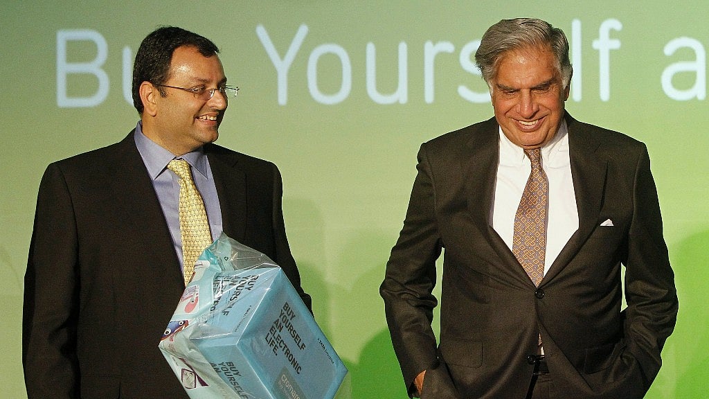 Tata Group Chairman Ratan Tata (R) and Deputy Chairman Cyrus Mistry attend the launch of a new website, part of the Tata Group, in Mumbai on 23 April 2012. 