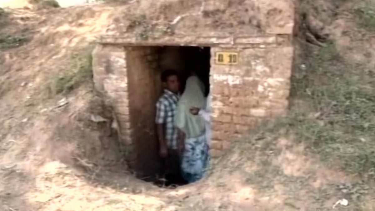 People taking shelter at community bunkers near LoC in RS Pura sector of Jammu and Kashmir. (Photo: ANI)