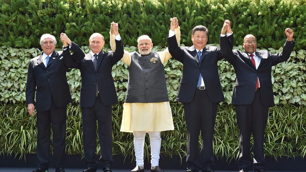 Prime Minister Narendra Modi in the BRICS Leaders’ family photograph at the BRICS Summit venue, in Goa on 16 October 2016. (Photo Courtesy: Press Information Bureau)
