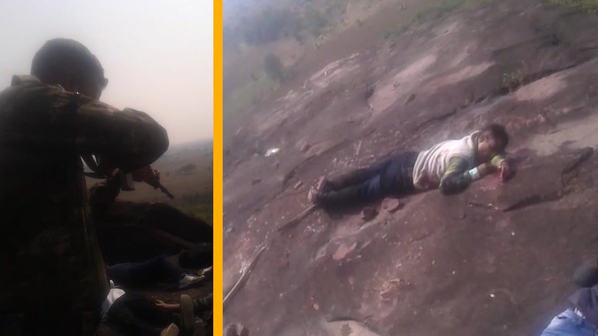 Stills from the video which allegedly shows police firing at a SIMI suspect during the encounter on the outskirts of Bhopal. (Photo: <b>The Quint</b>)