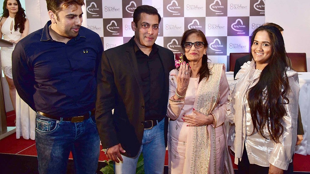 Salman Khan poses with his mother Salma Khan and sister Arpita Khan Sharma at the launch of <i>Being Human</i>’s jewellery line. (Photo: Yogen Shah)