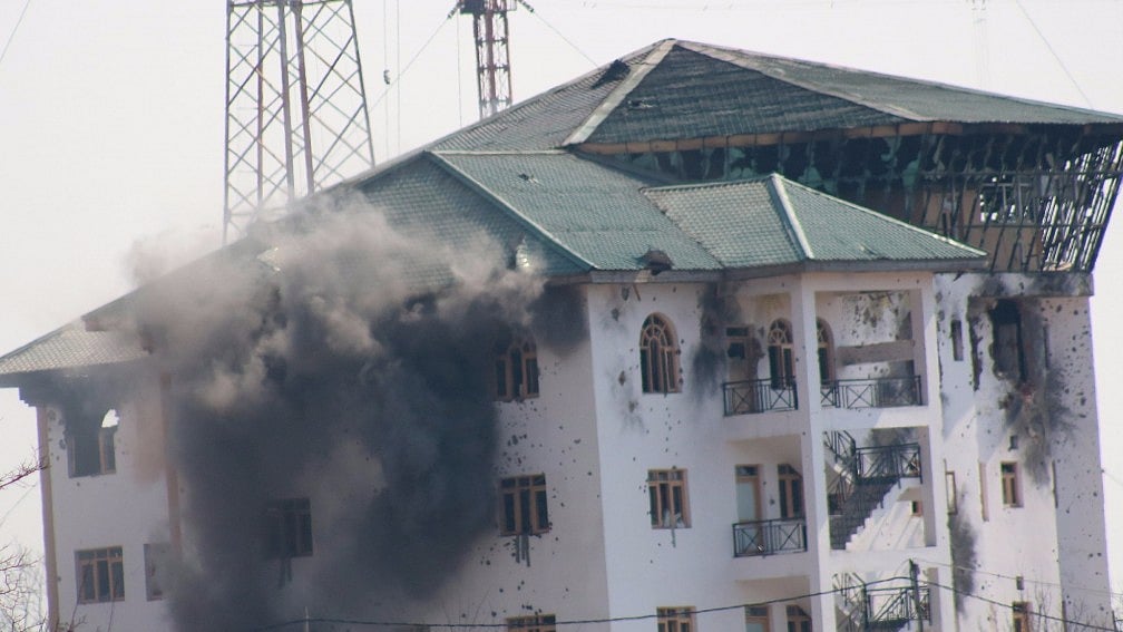 File image of Entrepreneurship Development Institute (EDI) building where a fire broke out during an encounter between militants and soldiers in Pampore area of Jammu and Kashmir’s Pulwama district on 22 February 2016. (Photo: IANS)