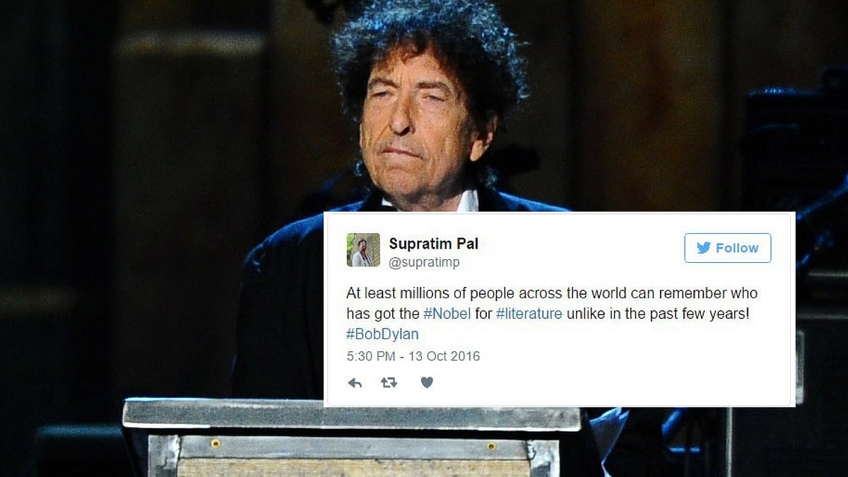 Bob Dylan, regarded as the voice of a generation for his influential songs from the 1960s onwards, has won the Nobel Prize for Literature. (Photo: Altered by <b>The Quint</b>)