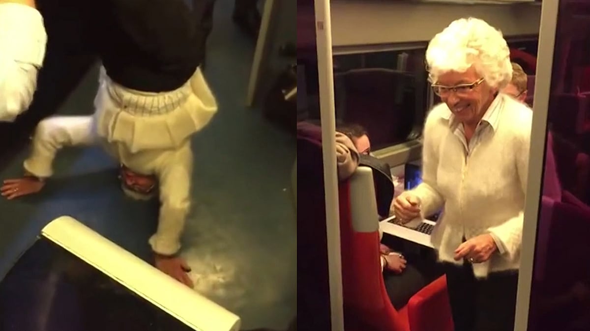 This 80-year-old lady went on to enact a crowd surfing stunt as well as do a headstand while travelling on a train in France. (Photo: AP/Newsflare Screengrab)