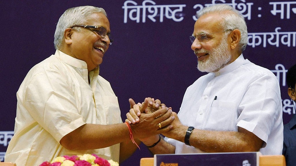 Prime Minister Narendra Modi with RSS General Secretary Suresh Bhaiyyaji Joshi at the release of the full volume of works of Pandit Deendayal Upadhyaya. 
