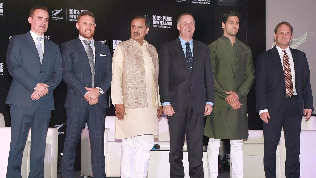 John Key, Union Tourism and Culture Minister Dr Mahesh Sharma with Tourism New Zealand’s Indian Ambassador Sidharth Malhotra and former cricket captain Brendon McCullum. (Photo: IANS)