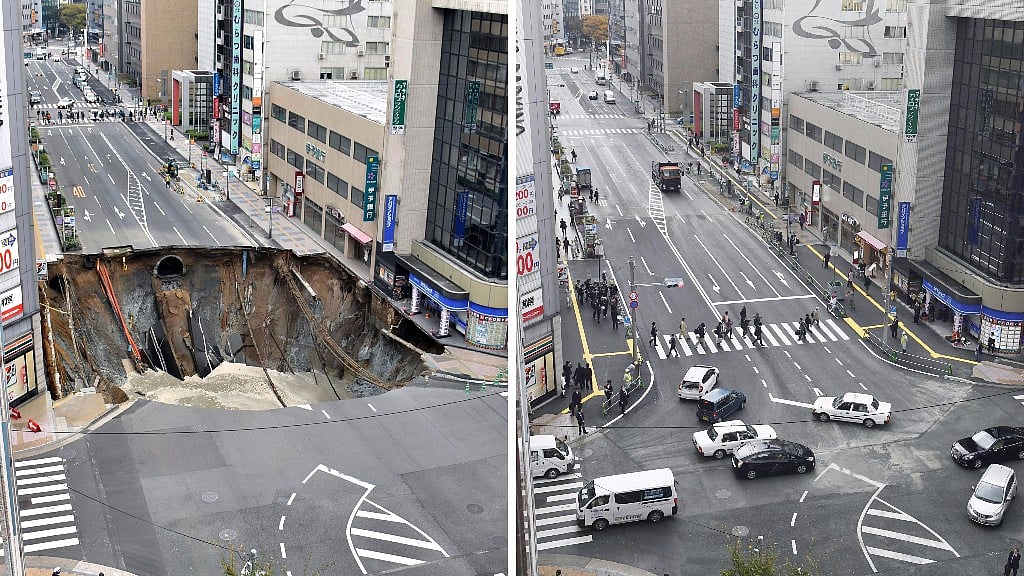 (Left) A sinkhole appeared in a busy street of Fukuoka city in southern Japan on 8 November. (Right) Repair work began immediately and the street was reopened on 15 November. (Photo: AP)