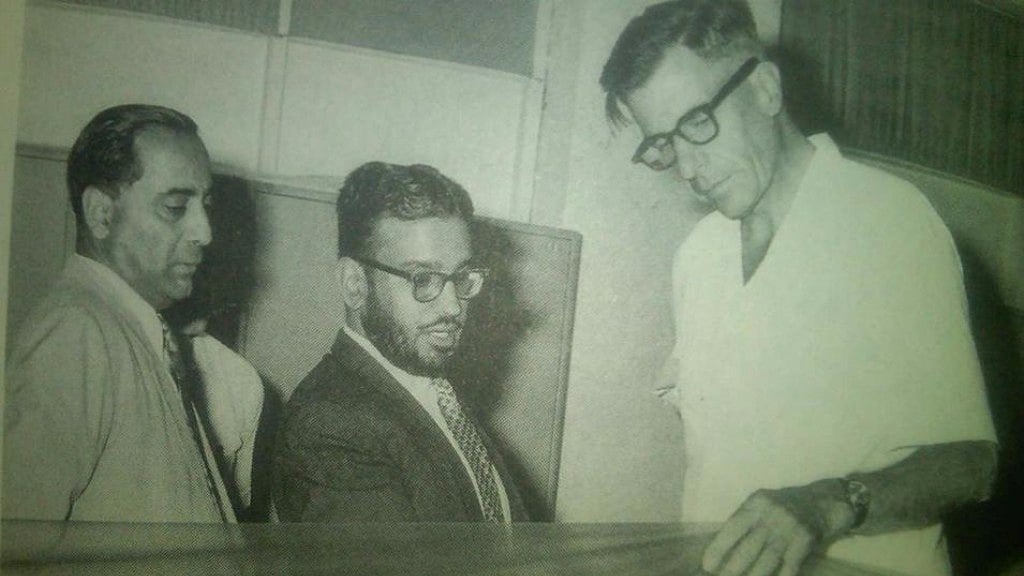 Prof MGK Menon (centre) with Homi Bhabha and Canadian economist John Kenneth Galbraith. (Photo courtesy: <a href="https://twitter.com/KS1729">@KS1729</a>/Twitter)