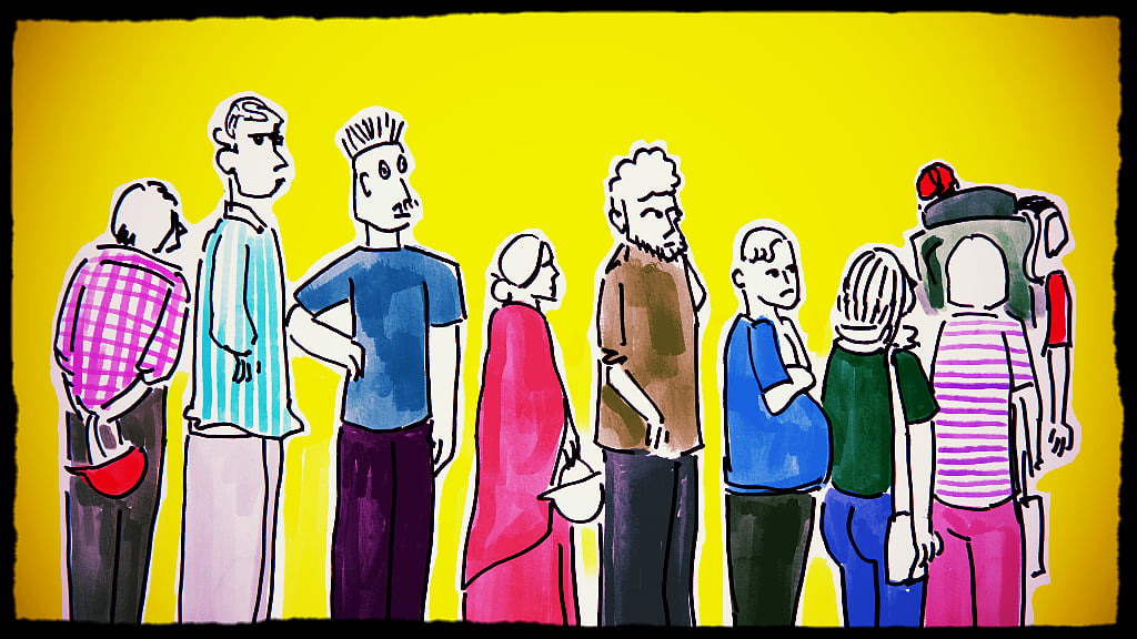 The motley crowd outside the ATM queue (Illustration: <b>The Quint</b>/ Susnata Paul)