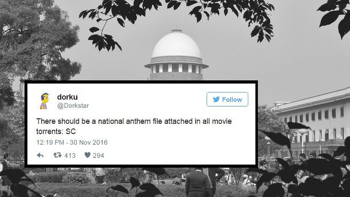 

The Supreme Court, on Wednesday, made it mandatory for cinema halls to play the national anthem before film screenings. (Photo: <b>The Quint</b>)