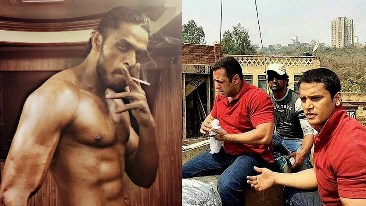 Kannada actor Raghava Uday (L); Salman Khan with his body double on the sets of <i>Sultan. </i>(Photos courtesy: Twitter)