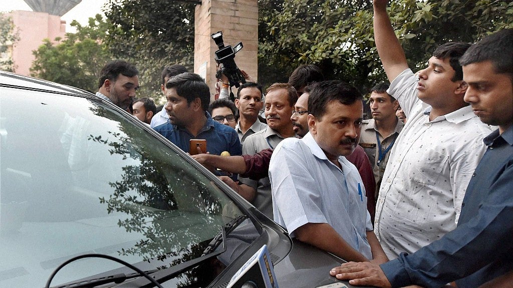 Delhi chief minister Arvind Kejriwal after he was stopped at the hospital to meet the family of ex-serviceman Ram Singh Grewal. He was detained at the RK Puram police station. (Photo: PTI)