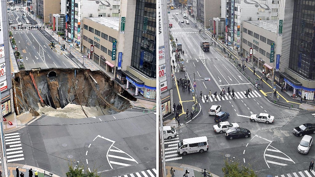 A giant sinkhole that appeared on 8 November in Fukuoka city was repaired and reopened to public on 10 November. (Photo: AP)