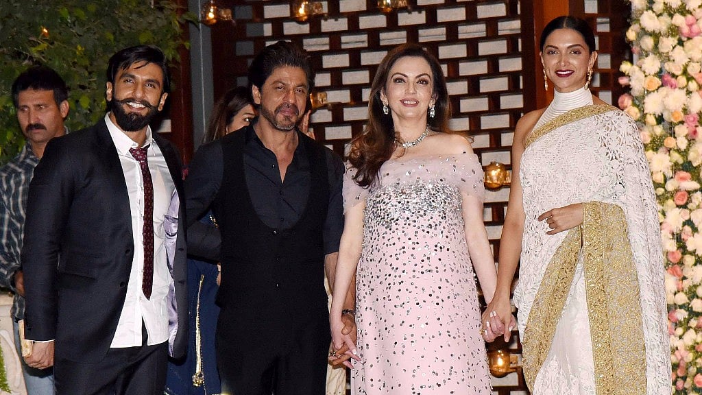 Ranveer Singh, Shah Rukh Khan, Nita Ambani and Deepika Padukone at the pre-wedding celebrations. (Photo: Yogen Shah)